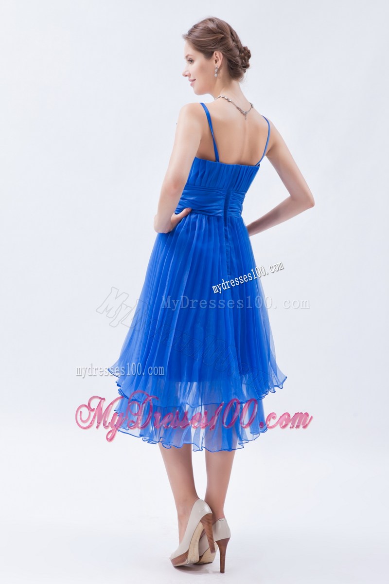Teal-Length Ruche Decorated Blue Organza Prom Gown Dresses with Straps