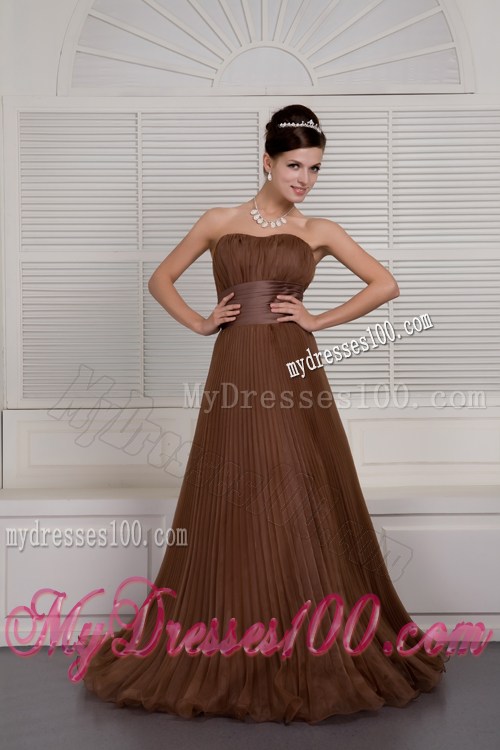 Brown Strapless Pleated Organza Prom Dress of Floor-length