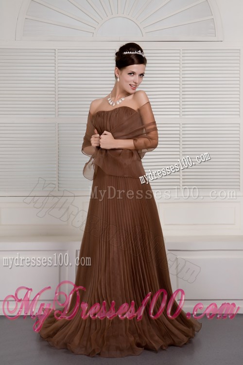 Brown Strapless Pleated Organza Prom Dress of Floor-length