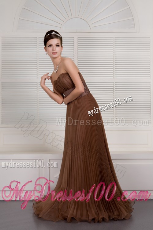 Brown Strapless Pleated Organza Prom Dress of Floor-length