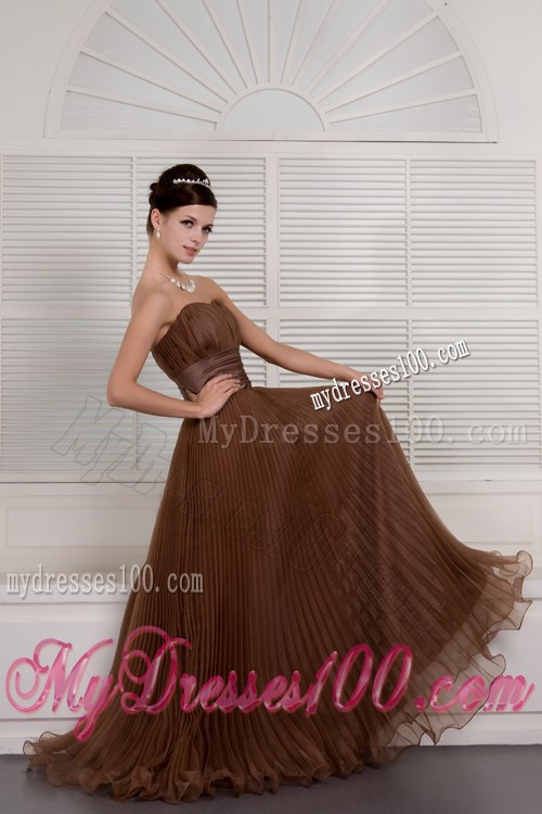 Brown Strapless Pleated Organza Prom Dress of Floor-length