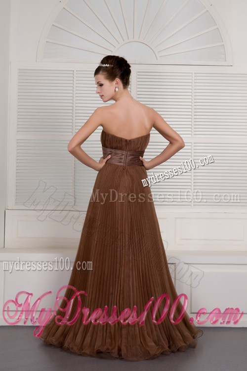 Brown Strapless Pleated Organza Prom Dress of Floor-length
