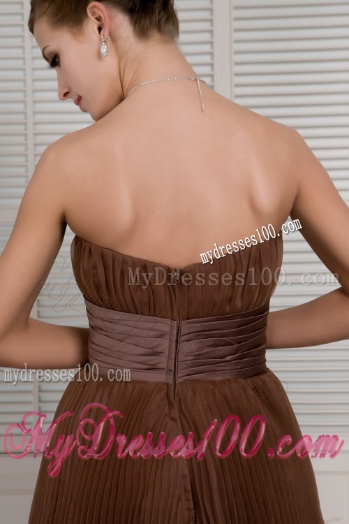 Brown Strapless Pleated Organza Prom Dress of Floor-length