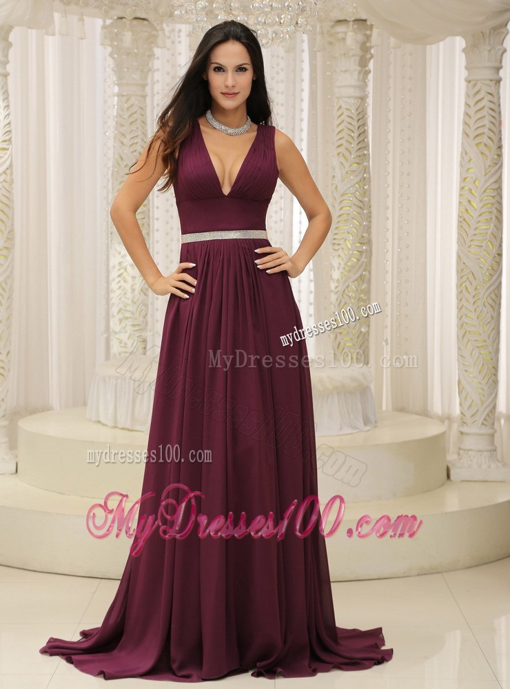 V-neck Burgundy Brush Train Prom Evening Dress with Belt and Straps