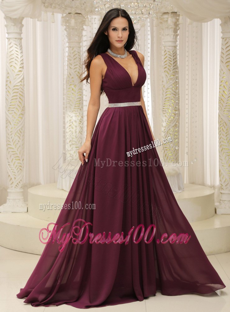 V-neck Burgundy Brush Train Prom Evening Dress with Belt and Straps