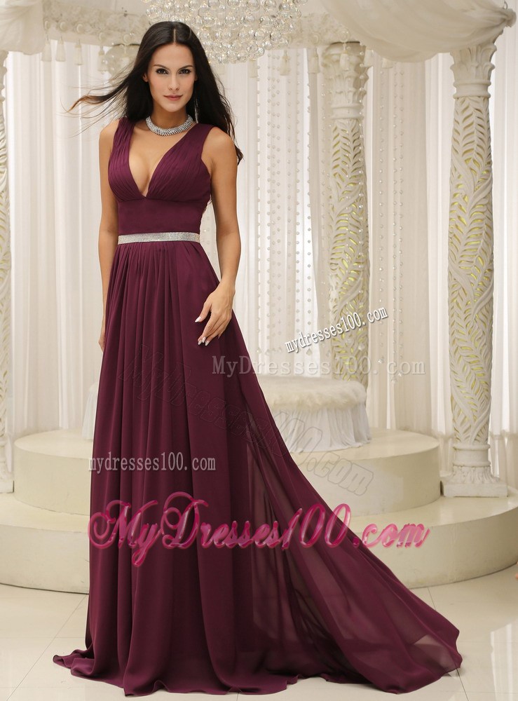 V-neck Burgundy Brush Train Prom Evening Dress with Belt and Straps