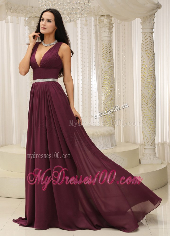 V-neck Burgundy Brush Train Prom Evening Dress with Belt and Straps