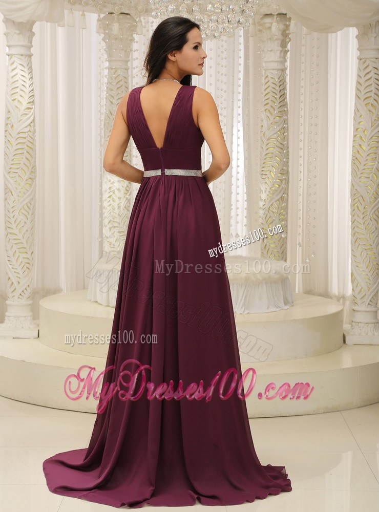 V-neck Burgundy Brush Train Prom Evening Dress with Belt and Straps
