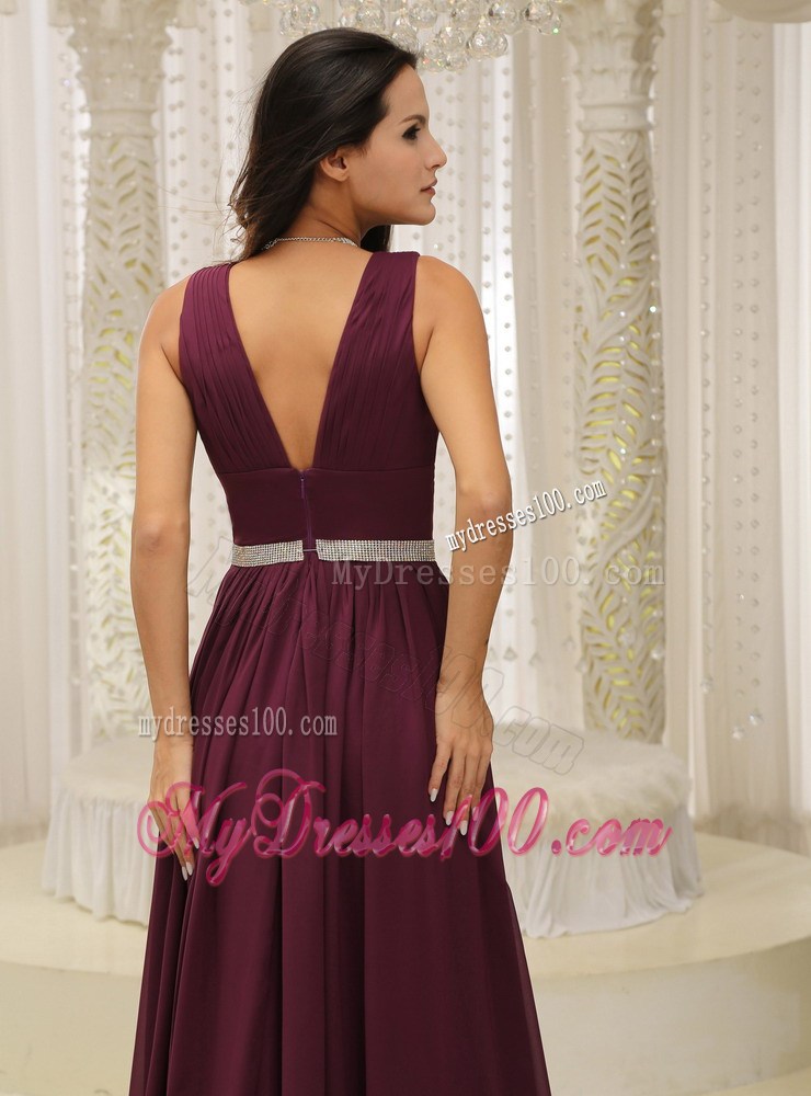V-neck Burgundy Brush Train Prom Evening Dress with Belt and Straps