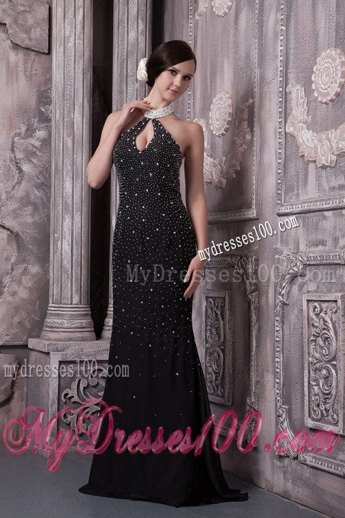 Halter Black Column Prom Dresses with Cut Out and Beading