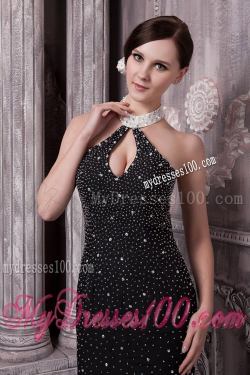 Halter Black Column Prom Dresses with Cut Out and Beading