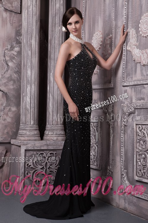 Halter Black Column Prom Dresses with Cut Out and Beading