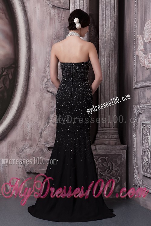 Halter Black Column Prom Dresses with Cut Out and Beading