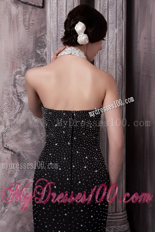 Halter Black Column Prom Dresses with Cut Out and Beading