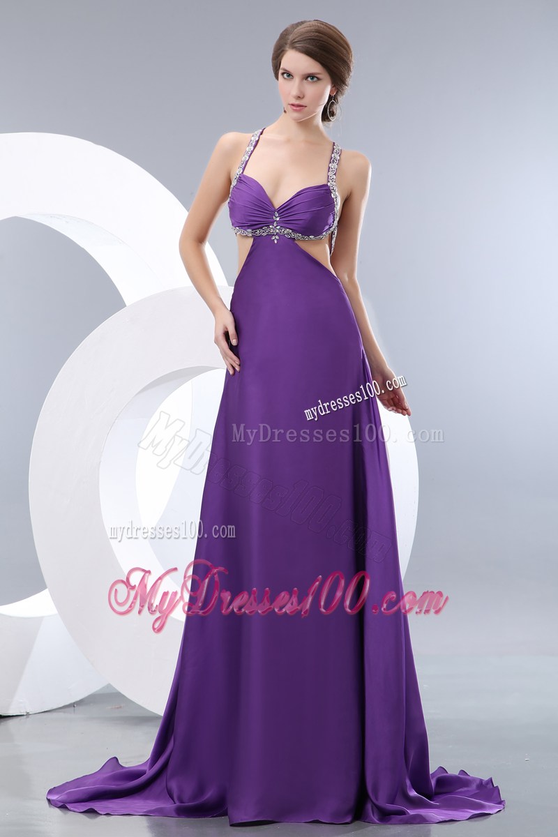 Beading and Ruches Accent Eggplant Purple Prom Dress with Cut Out Back and Waist
