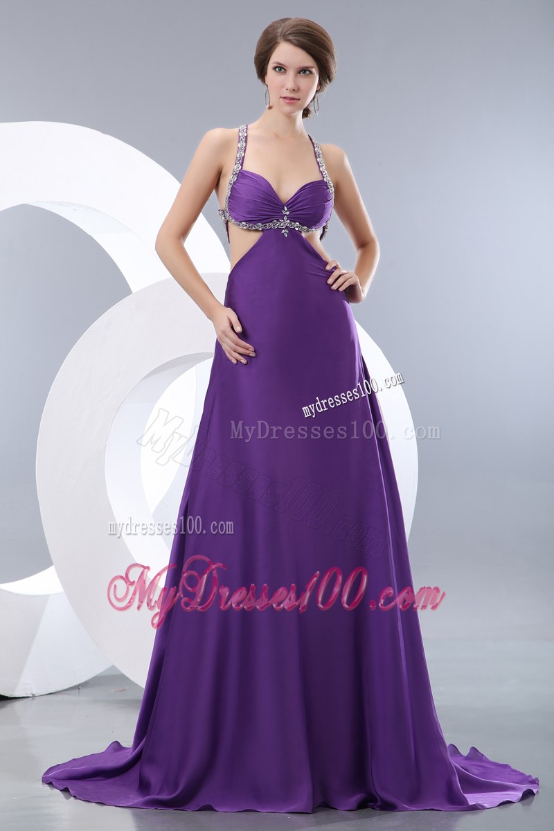 Beading and Ruches Accent Eggplant Purple Prom Dress with Cut Out Back and Waist