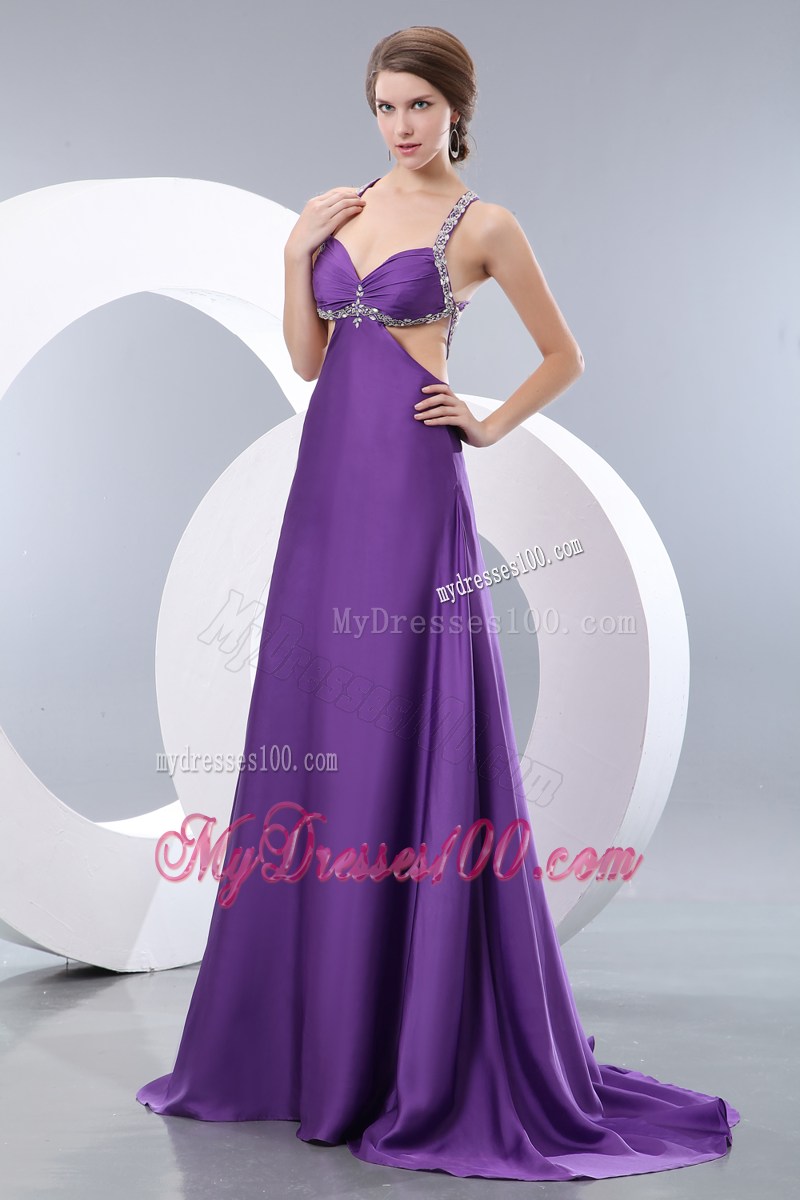 Beading and Ruches Accent Eggplant Purple Prom Dress with Cut Out Back and Waist