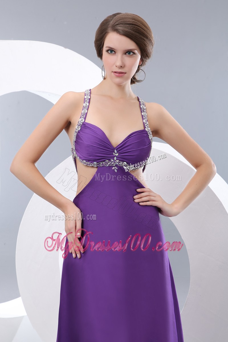 Beading and Ruches Accent Eggplant Purple Prom Dress with Cut Out Back and Waist