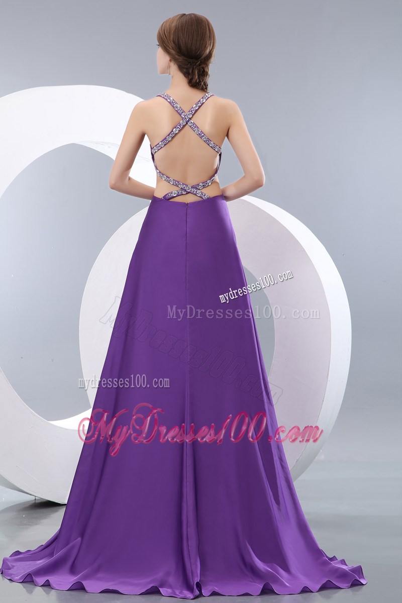 Beading and Ruches Accent Eggplant Purple Prom Dress with Cut Out Back and Waist