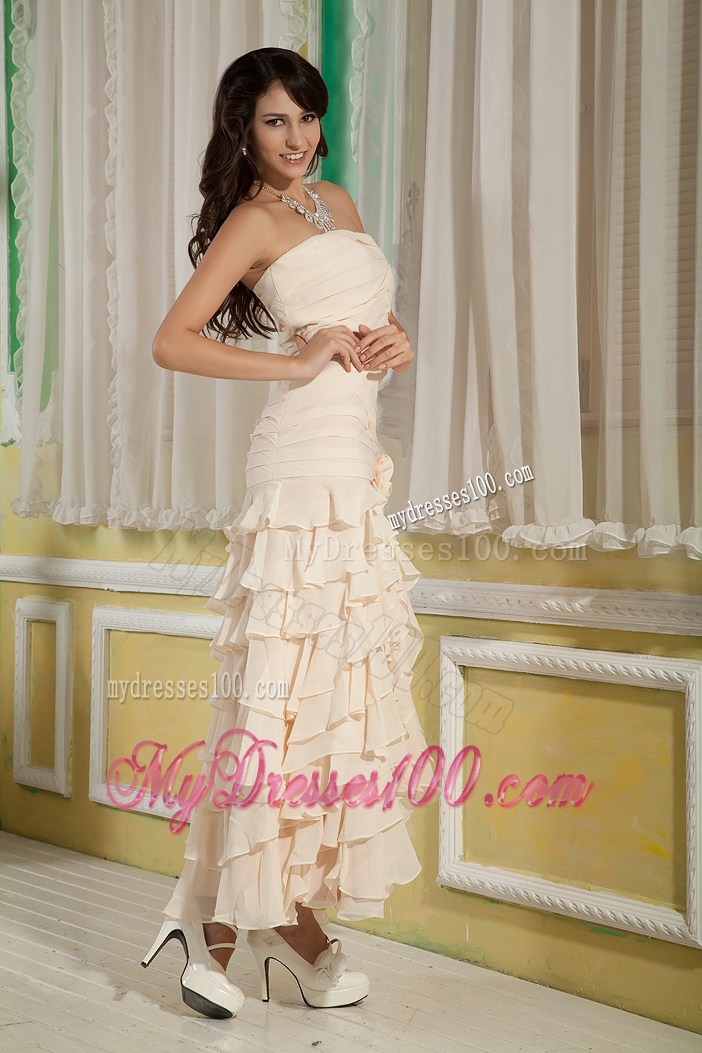 Flower and Ruffled Layers Decorate Champagne Prom Gown of Ankle -length
