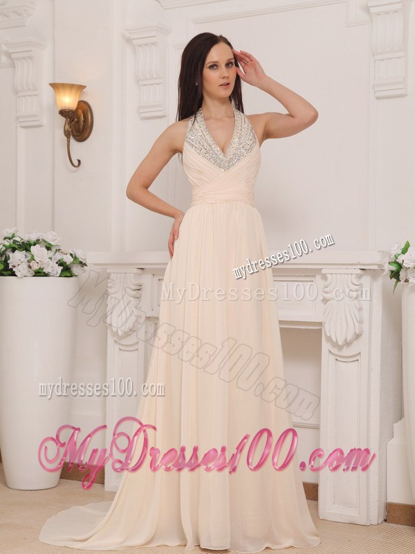 Champagne Empire Halter Brush Train Beaded Chiffon Prom Dress