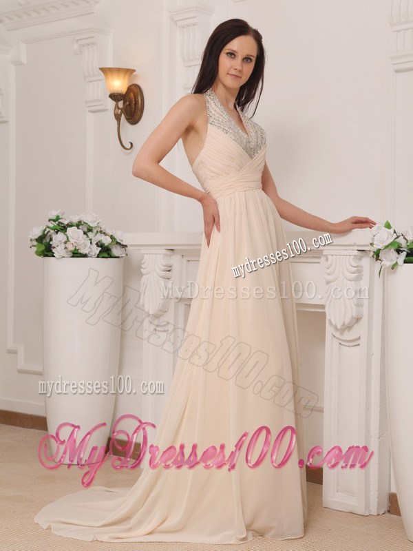Champagne Empire Halter Brush Train Beaded Chiffon Prom Dress