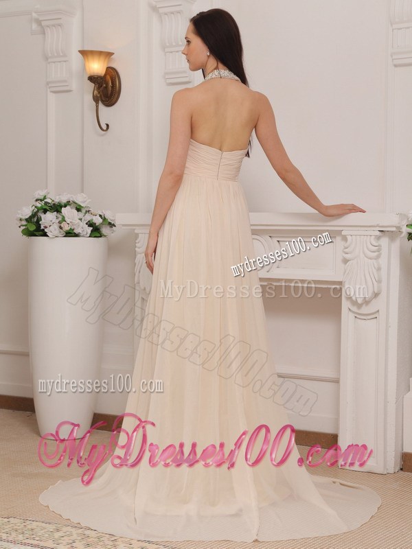 Champagne Empire Halter Brush Train Beaded Chiffon Prom Dress