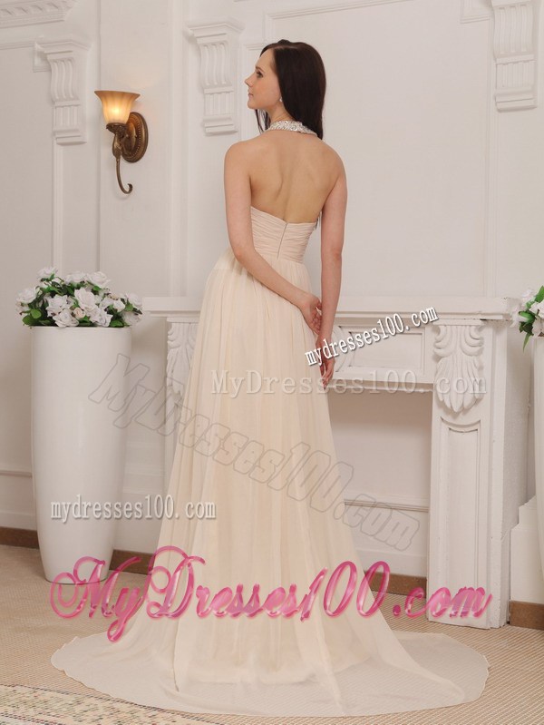 Champagne Empire Halter Brush Train Beaded Chiffon Prom Dress