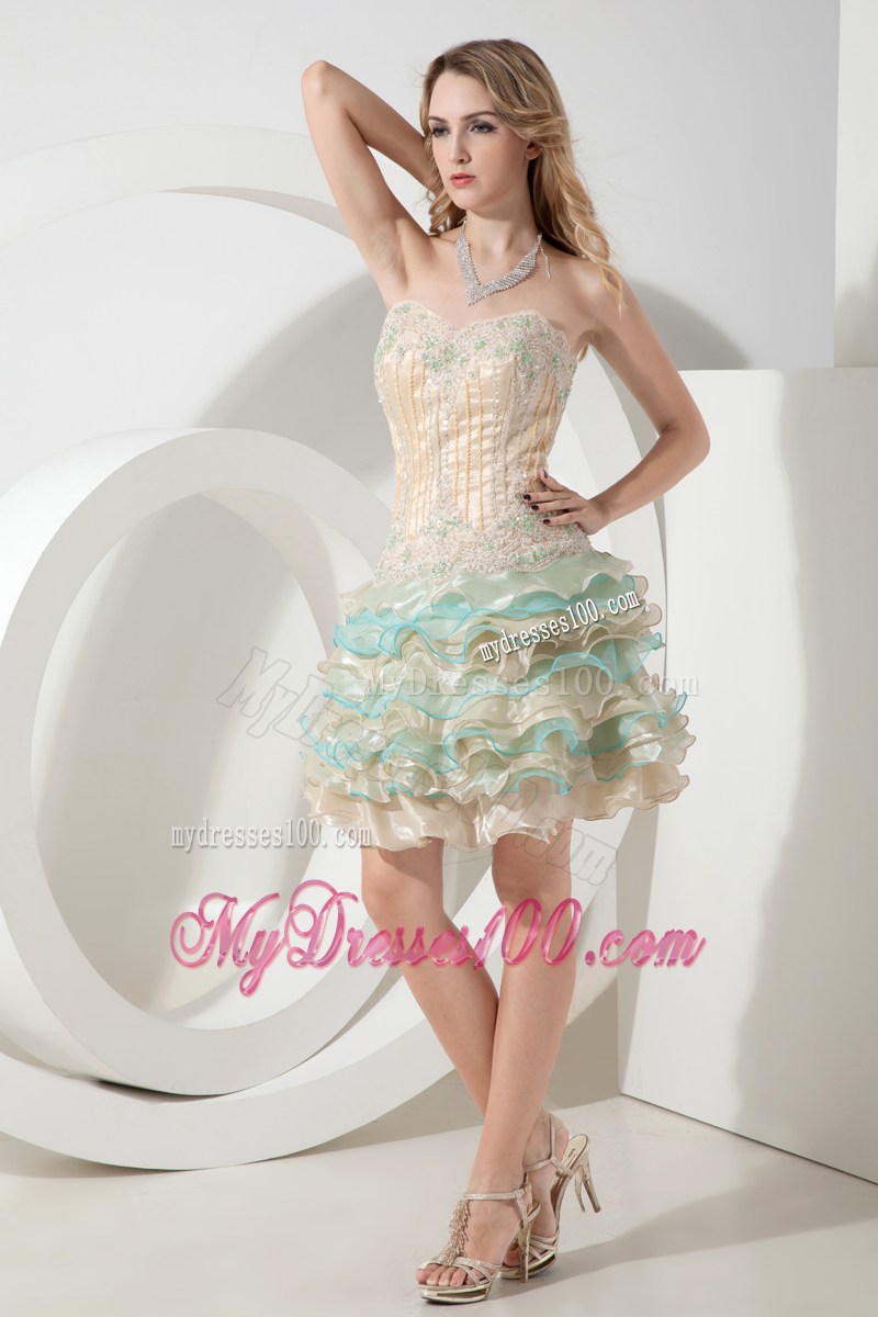 Champagne and Apple Green Mini Prom Gowns with Layered Organza and Appliques