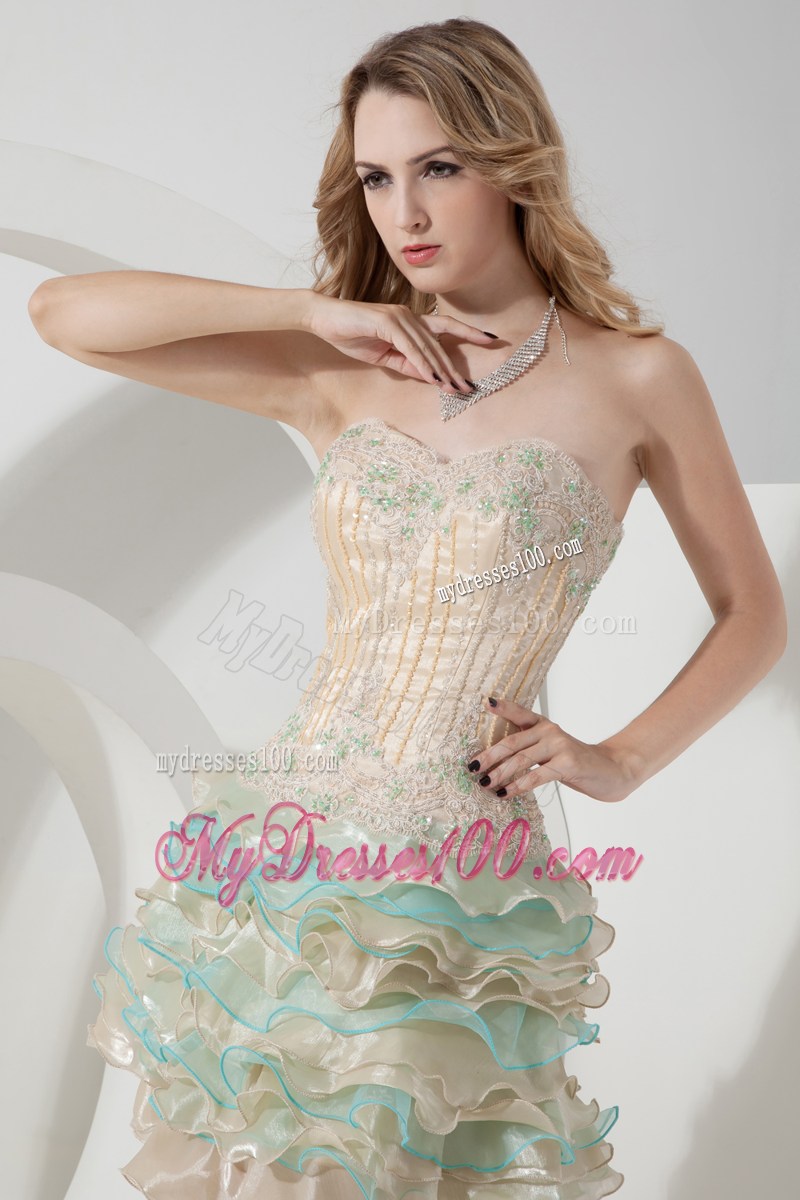 Champagne and Apple Green Mini Prom Gowns with Layered Organza and Appliques