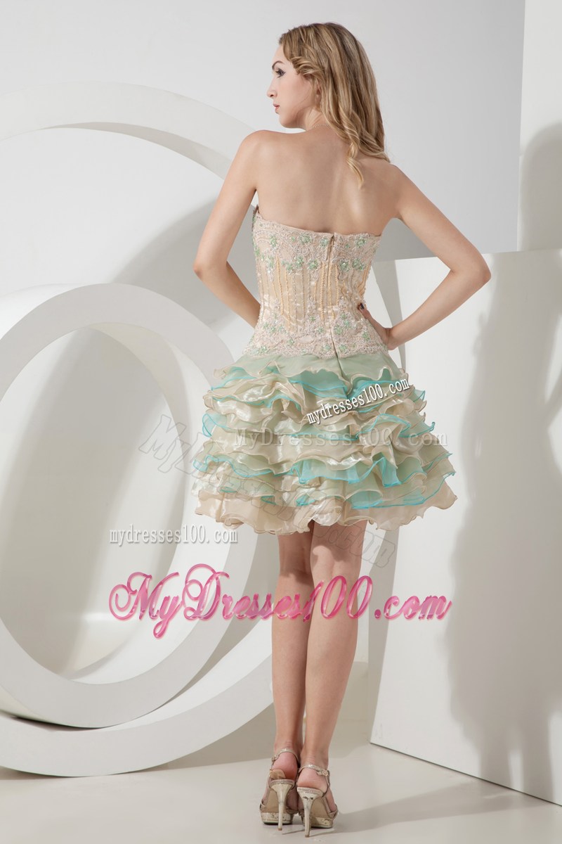 Champagne and Apple Green Mini Prom Gowns with Layered Organza and Appliques