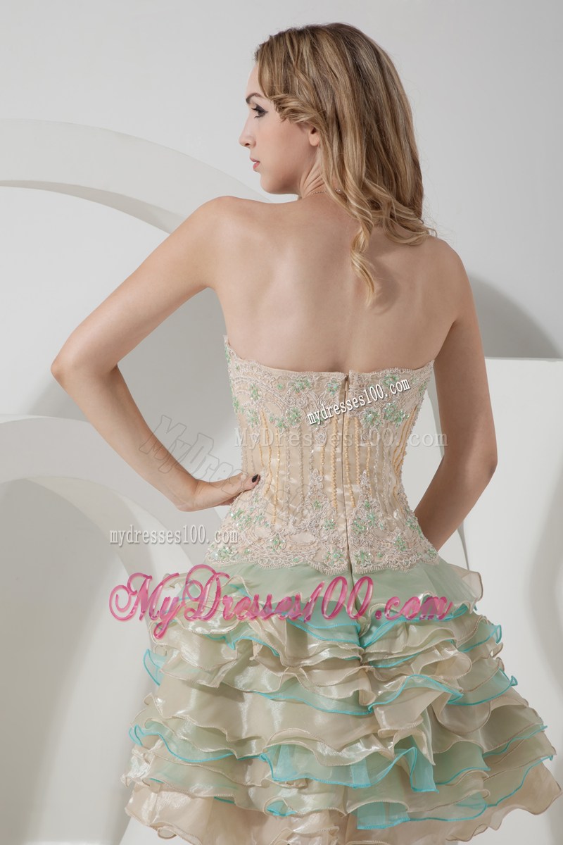 Champagne and Apple Green Mini Prom Gowns with Layered Organza and Appliques