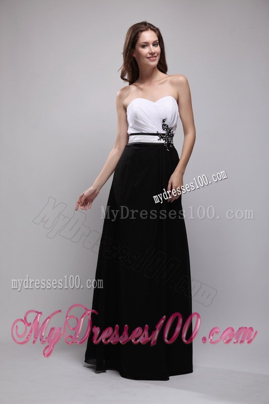 Black and White Floor-length Prom Gown Dress with Belt and Flowers