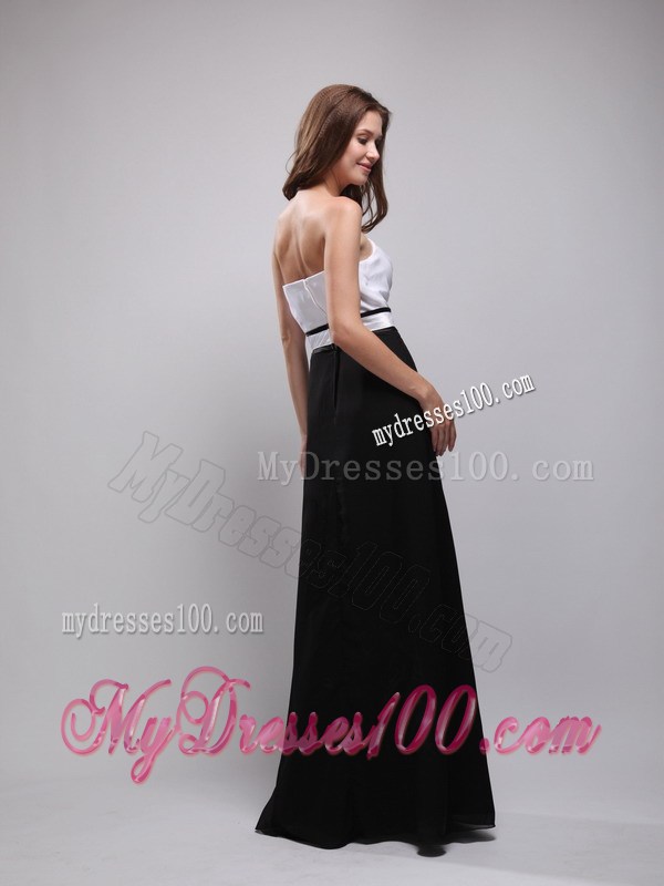 Black and White Floor-length Prom Gown Dress with Belt and Flowers