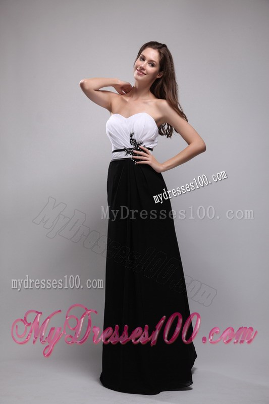 Black and White Floor-length Prom Gown Dress with Belt and Flowers