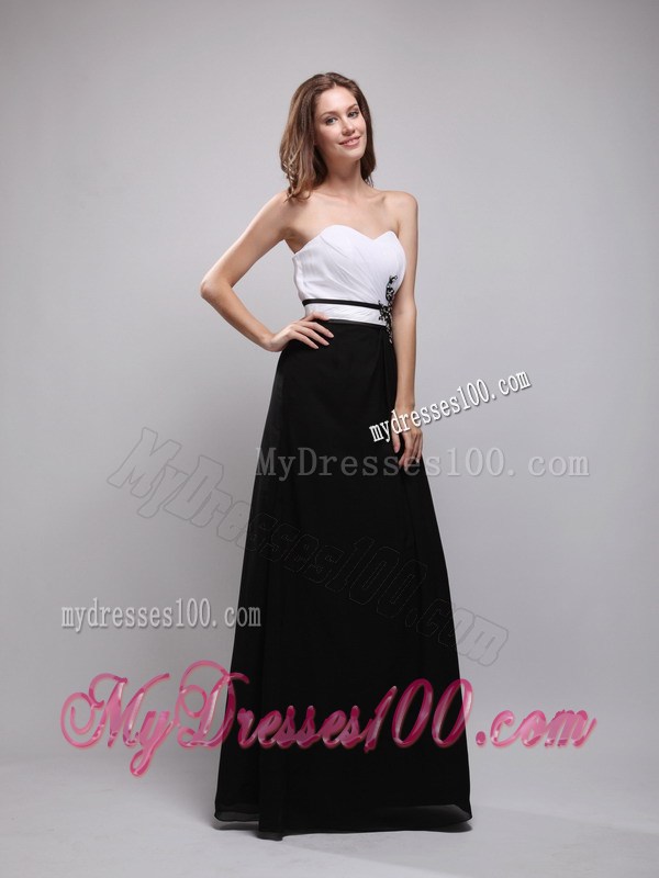 Black and White Floor-length Prom Gown Dress with Belt and Flowers