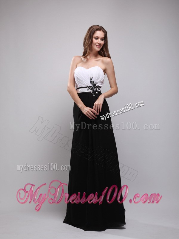 Black and White Floor-length Prom Gown Dress with Belt and Flowers