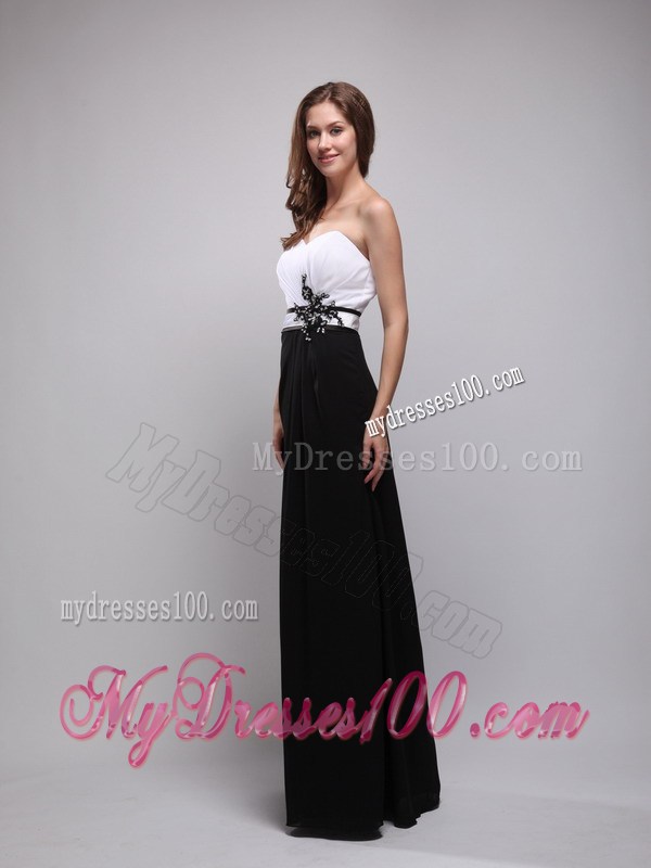 Black and White Floor-length Prom Gown Dress with Belt and Flowers