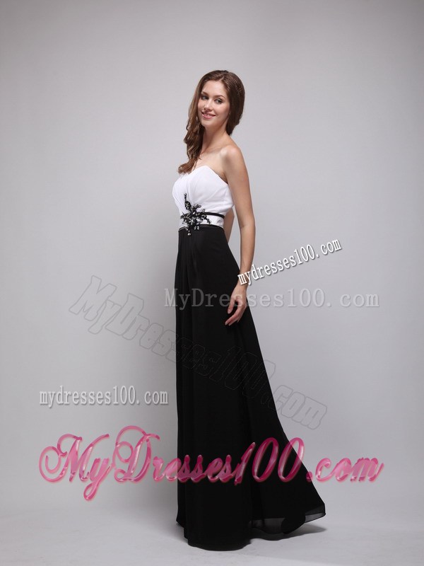 Black and White Floor-length Prom Gown Dress with Belt and Flowers