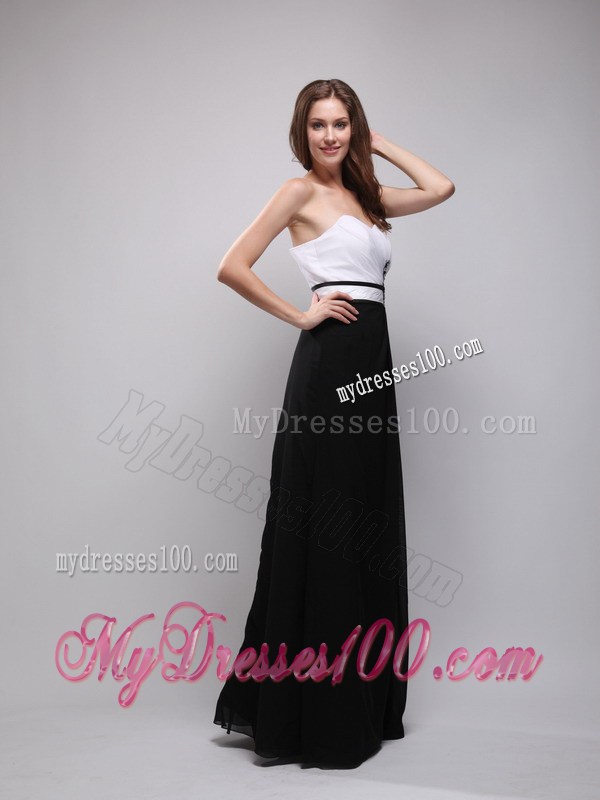 Black and White Floor-length Prom Gown Dress with Belt and Flowers