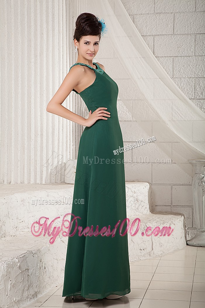 Beaded Scoop Dark Green Chiffon Empire Prom Dresses of Floor-length