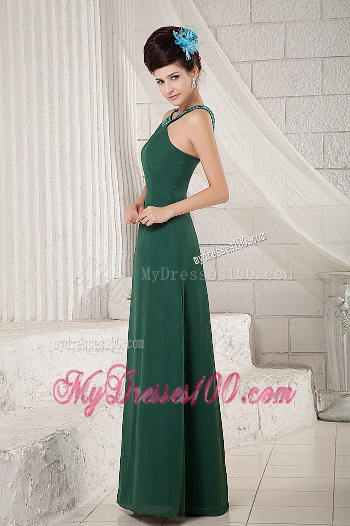 Beaded Scoop Dark Green Chiffon Empire Prom Dresses of Floor-length