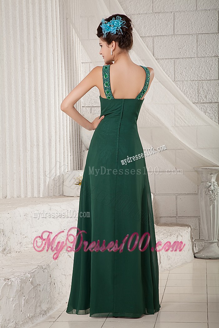 Beaded Scoop Dark Green Chiffon Empire Prom Dresses of Floor-length