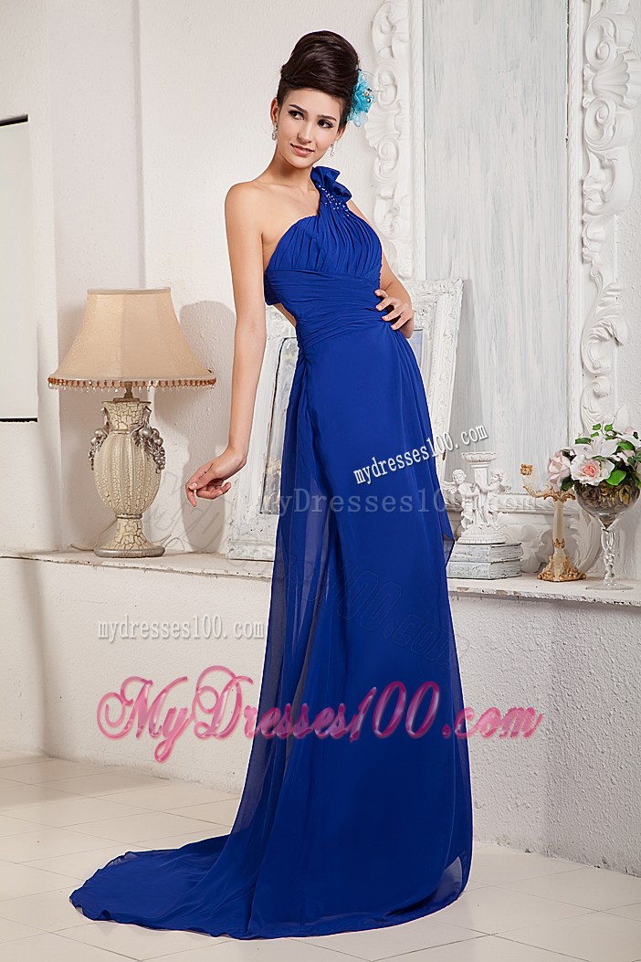 One Shoulder and Side Slit Decorate Brush Train Royal Blue Prom Dress