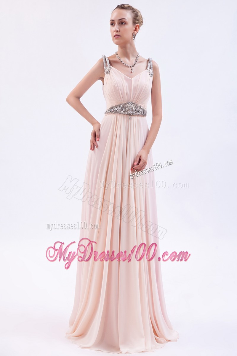 Straps Pink Empire Chiffon Brush Train Prom Evening Dress with Beading