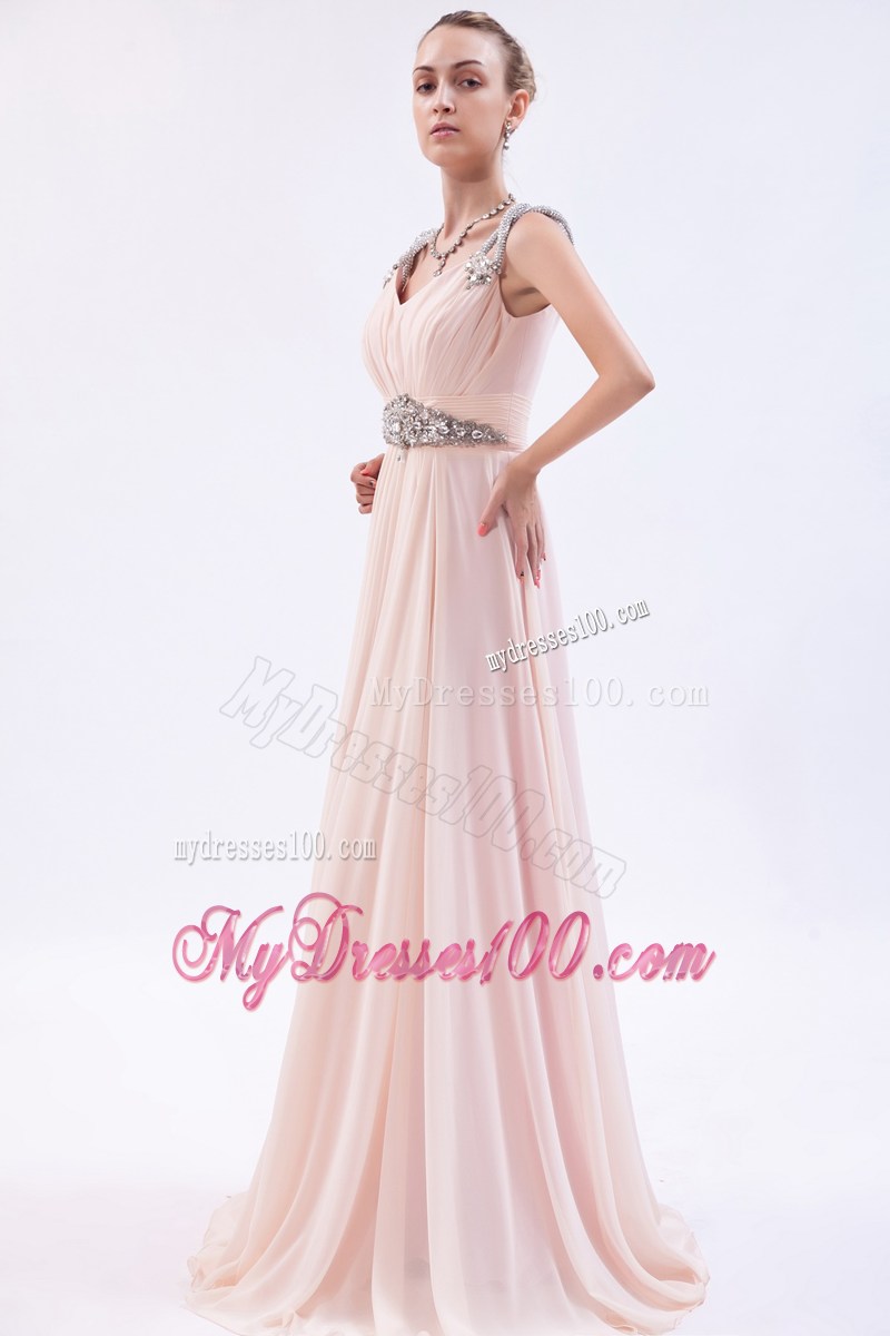 Straps Pink Empire Chiffon Brush Train Prom Evening Dress with Beading