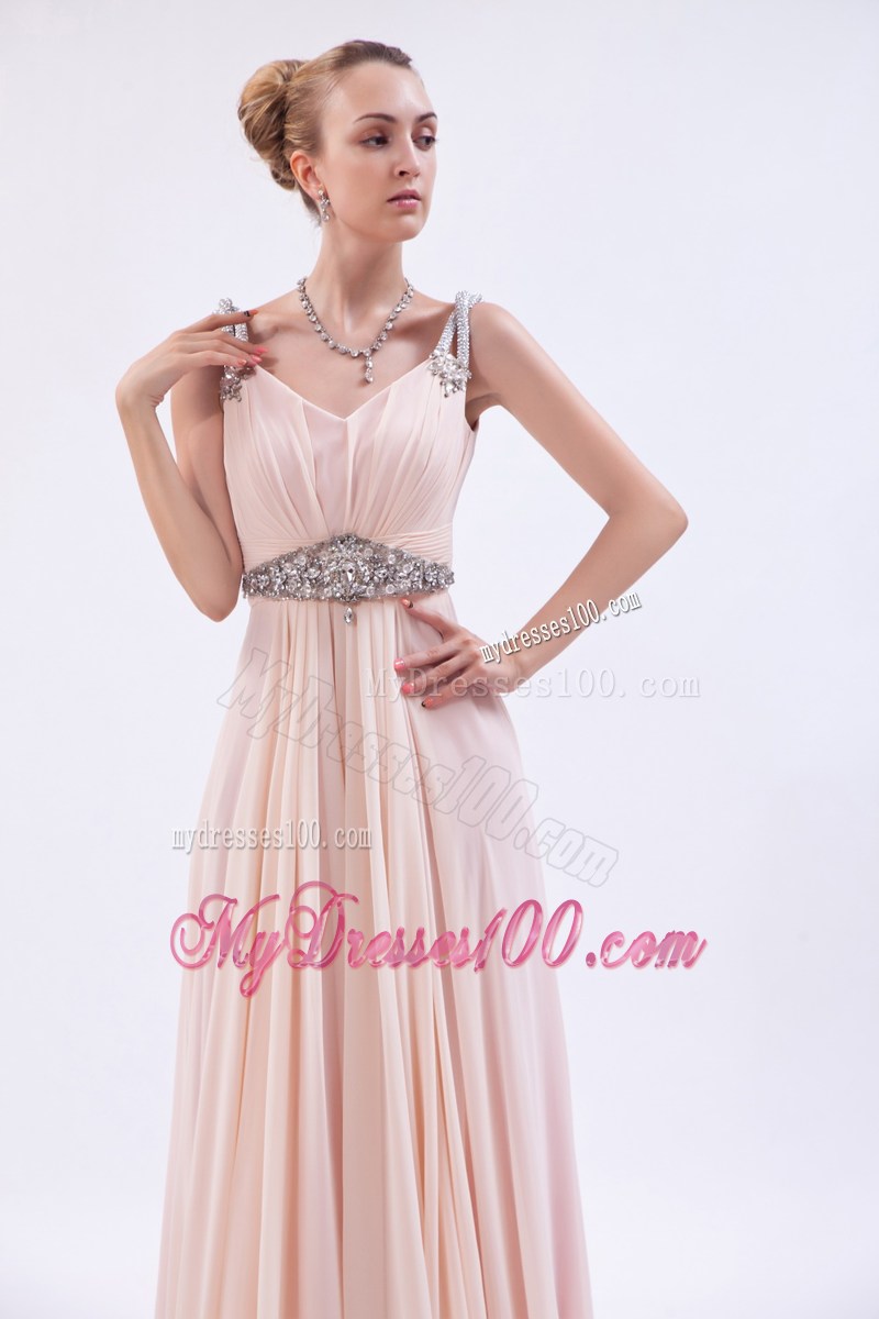 Straps Pink Empire Chiffon Brush Train Prom Evening Dress with Beading