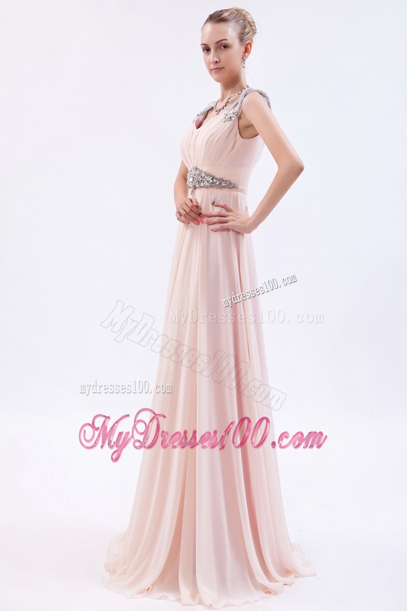 Straps Pink Empire Chiffon Brush Train Prom Evening Dress with Beading