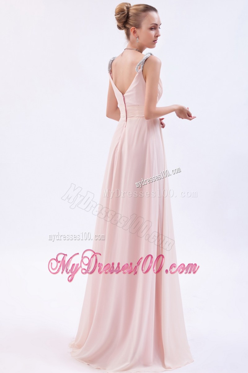 Straps Pink Empire Chiffon Brush Train Prom Evening Dress with Beading