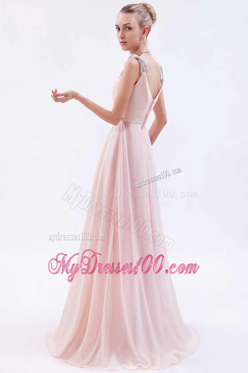 Straps Pink Empire Chiffon Brush Train Prom Evening Dress with Beading